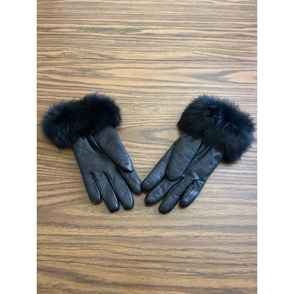 Genuine leather black lined gloves with faux fur trim size Medium